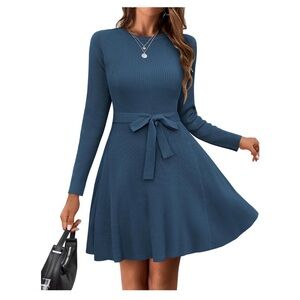 Crewneck Long Sleeve A-Line Sweater Dress Bodycon Ribbed Knit Dress with Belt